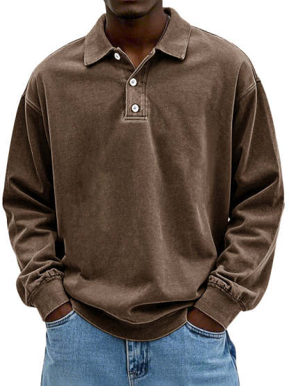 CLEARANCE SALE🔥 Men's Fashion Retro Washed Distressed Cotton Lapel Long Sleeve Polo Shirt