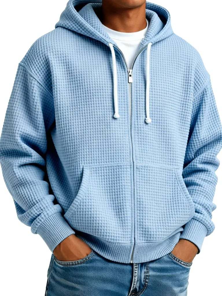 Men's Wear Fashionable Casual Waffle Fabric Zipper Hooded Pockets Loose Coat