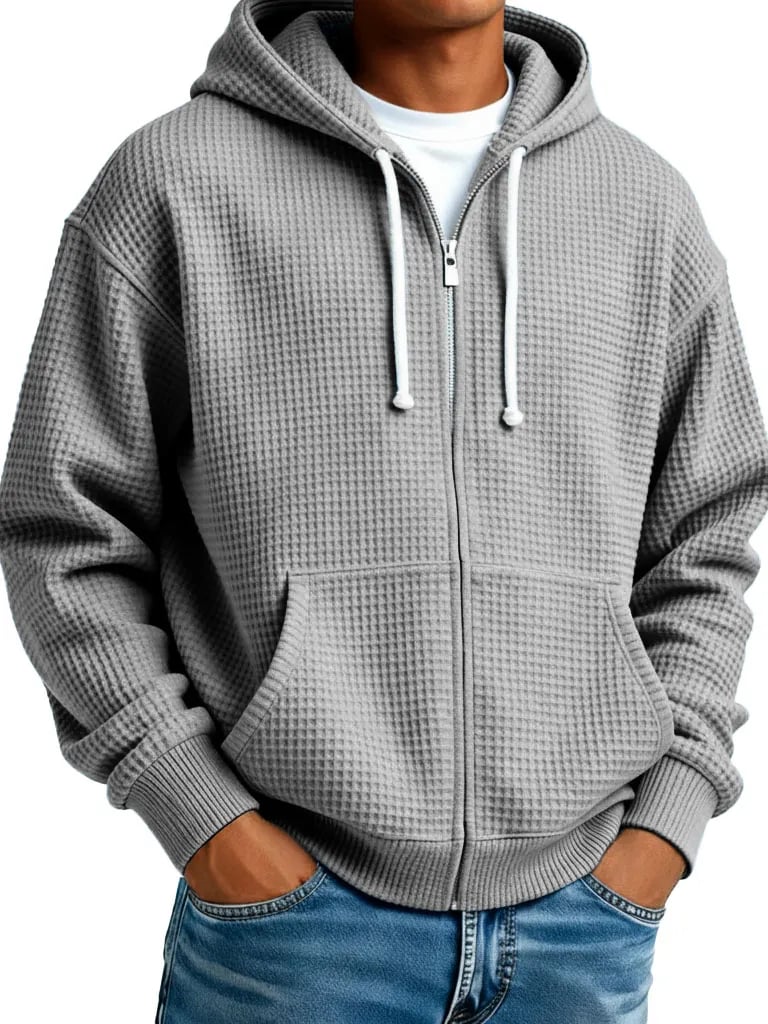 Men's Wear Fashionable Casual Waffle Fabric Zipper Hooded Pockets Loose Coat