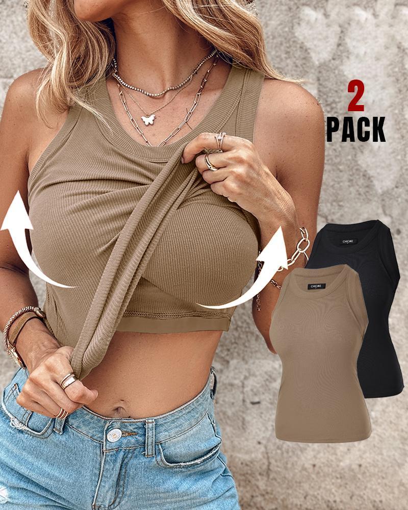 Built-in Bra 2 Piece Athletic Tank Tops for Women Ribbed Tank Top