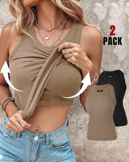 Built-in Bra 2 Piece Athletic Tank Tops for Women Ribbed Tank Top