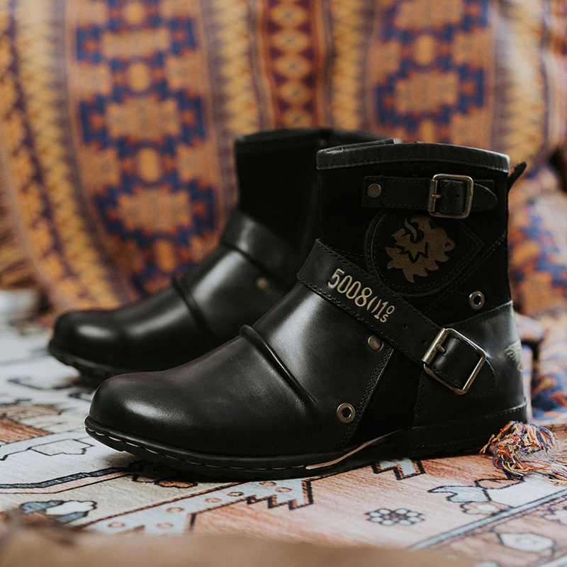 Men's Leather Vintage Buckle Side Zipper Boots