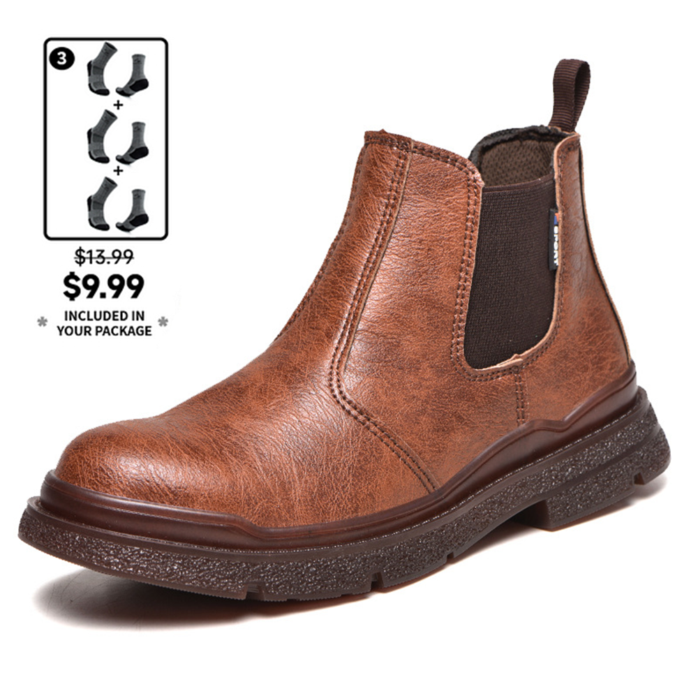 ⏰Limited Time Sale 70% OFF-Men's Genuine Leather Steel Toe Orthopedic Chelsea Work Boots – Anti-Puncture, Anti-Collision, Waterproof, Slip-On Arch Support Safety Shoes, Durable & Non-Slip