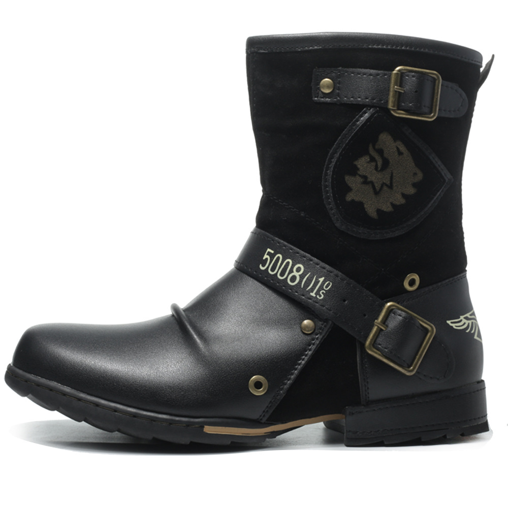 Men's Leather Vintage Buckle Side Zipper Boots