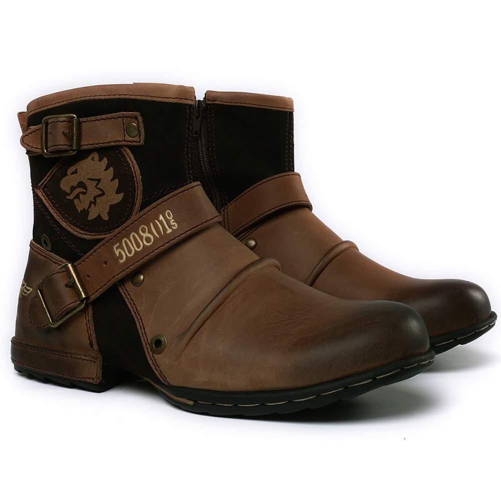 Men's Leather Vintage Buckle Side Zipper Boots