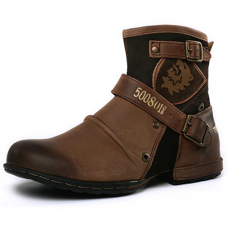 Men's Leather Vintage Buckle Side Zipper Boots