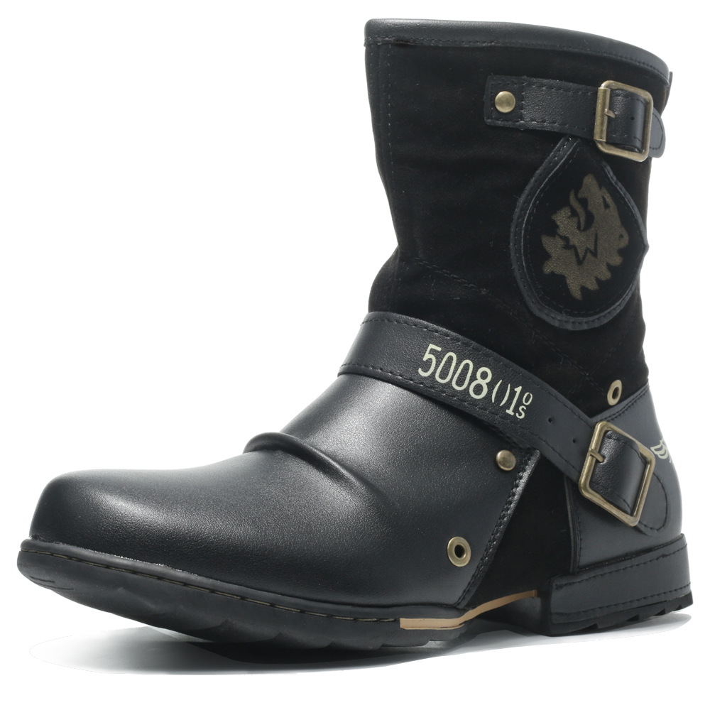 Men's Leather Vintage Buckle Side Zipper Boots