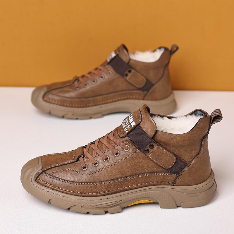 Men's winter wool lined boots warm cotton shoes outdoor leather boots