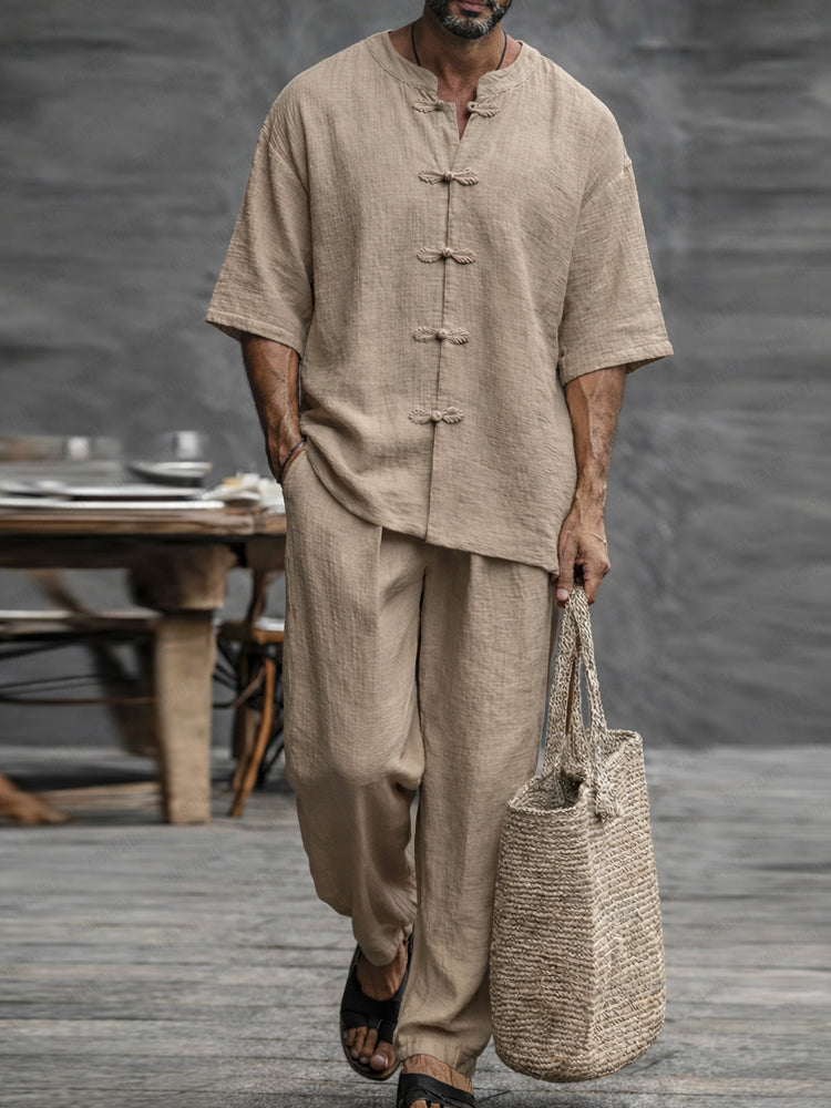 Ensemble chemise à manches courtes minimaliste en coton avec boutons grenouille