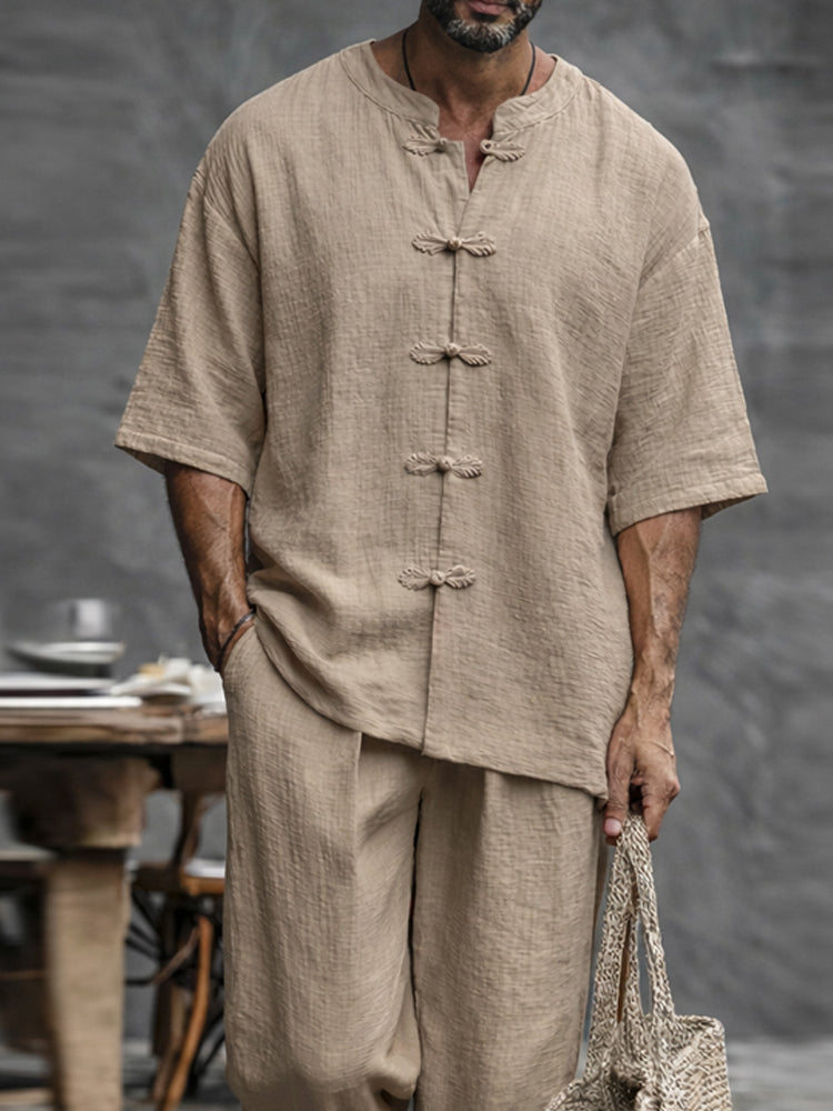 Ensemble chemise à manches courtes minimaliste en coton avec boutons grenouille