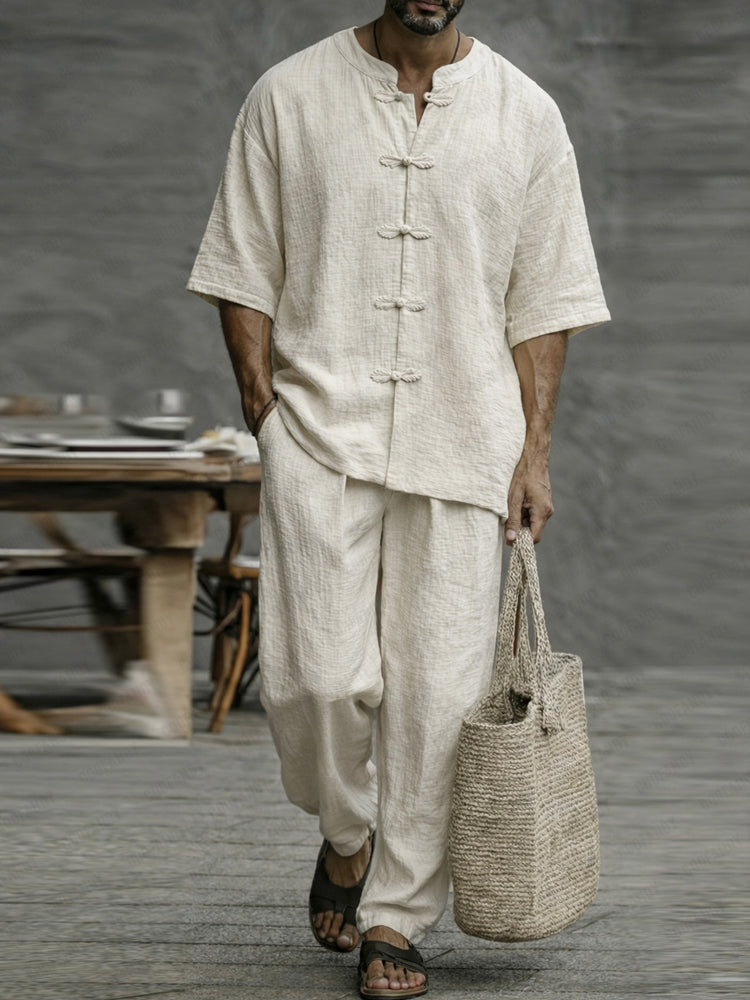 Ensemble chemise à manches courtes minimaliste en coton avec boutons grenouille