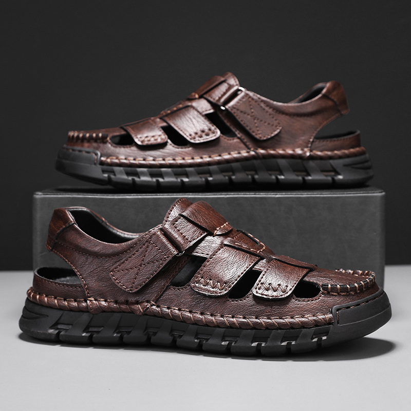 (🎁Free Orthotic Insoles🔥)Men’s Leather Fisherman Sandals with Arch Support – Lightweight, Non-Slip, Breathable Massage Insole & Easy Velcro Closure for All-Day Comfort