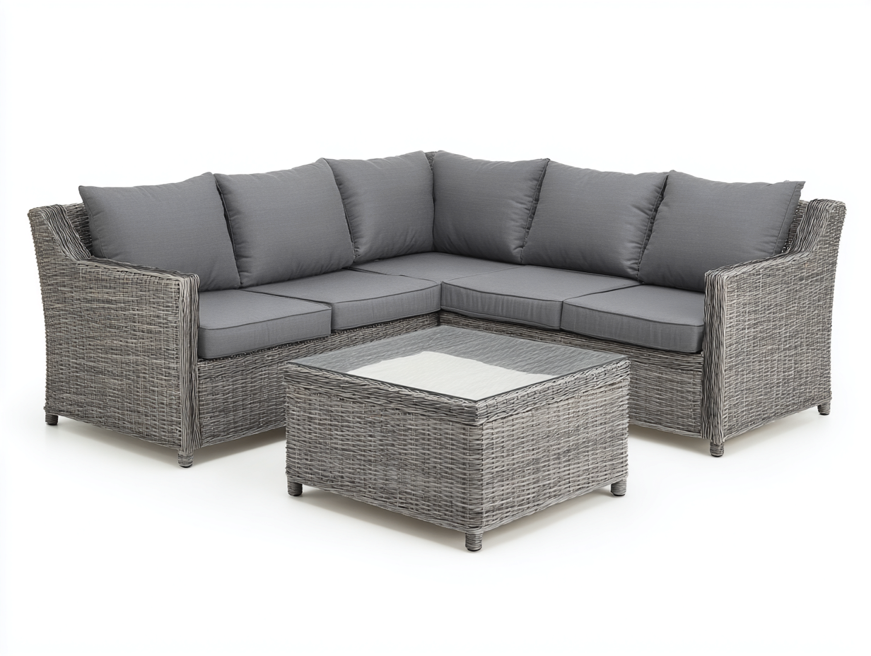 Outdoor Sofa - Corner Rattan Patio Sofa with Coffee Table 94x94x30 inches - Grey - Modern Garden Lounge Design-Sofaupbase