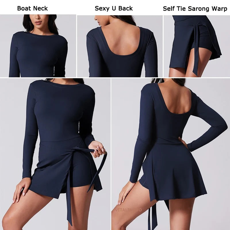 Slimming Silhouette of Women's Long Sleeve Yoga Dress - Navy Tennis Skirt Activewear Set
