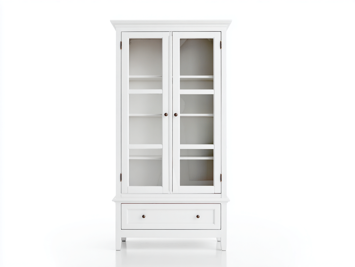 Display Cabinet wood and glass frame 30x15x74 (inches) - white - glass door storage with drawer for living room-Sereneix