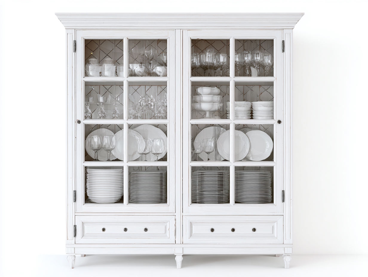 Display Cabinet Glass Door Storage Cabinet 63x18x79 inches - Wood Frame - White - For Dining Room - Classic Style-Sereneix