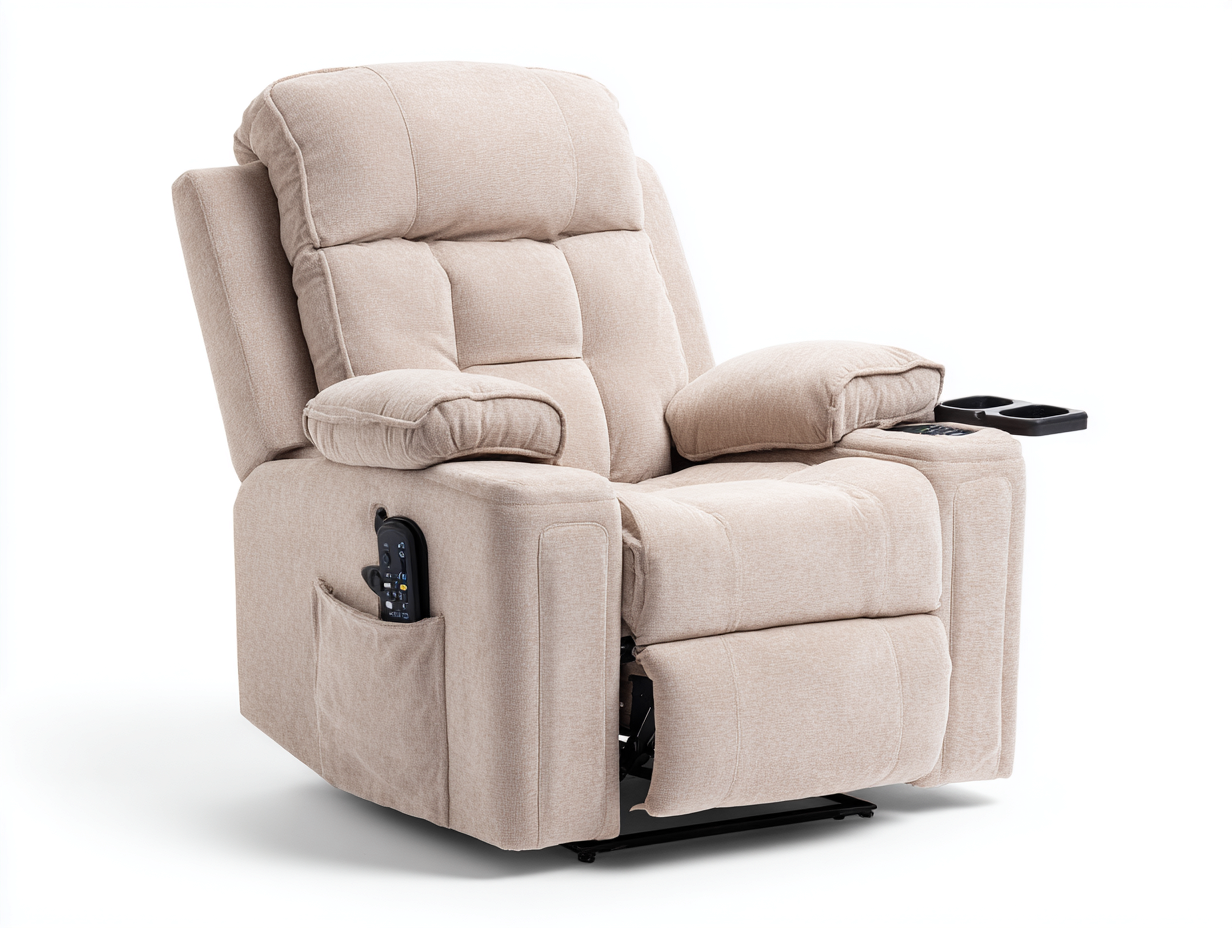 Recliner Chair fabric upholstered frame 36x39x41 (inches) - beige - power reclining seating with cup holder for living room-Sereneix