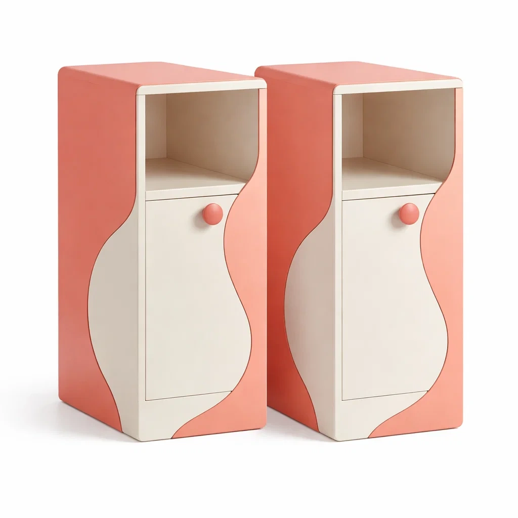 Coral and Cream Wooden Bedside Cabinets with Door and Open Shelf, Set of 2-homelign
