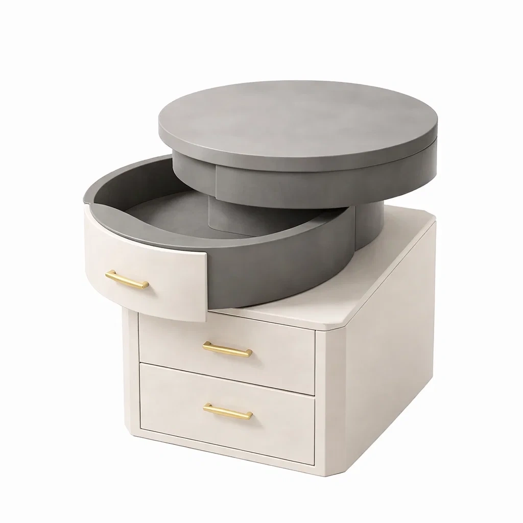 Cream and Grey Wooden Bedside Cabinet with Rotating Top and Drawers-homelign
