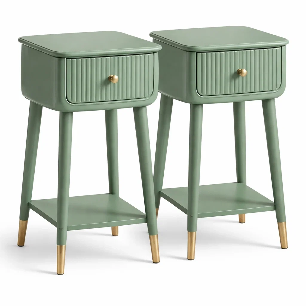 Green Wooden Bedside Cabinets with Drawer and Shelf, Set of 2-homelign