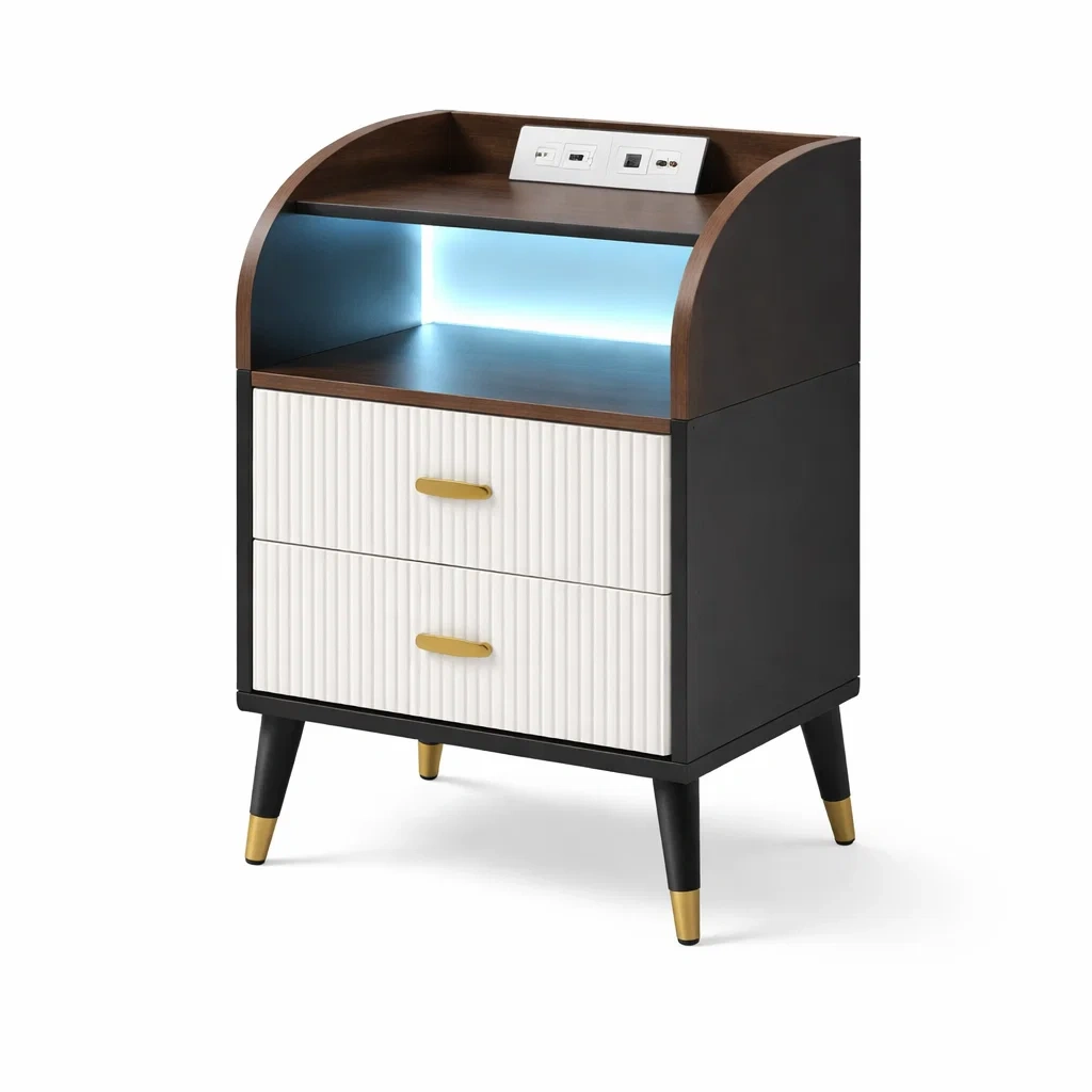 Black and Walnut Wooden Bedside Cabinet with LED Shelf and Drawers-homelign