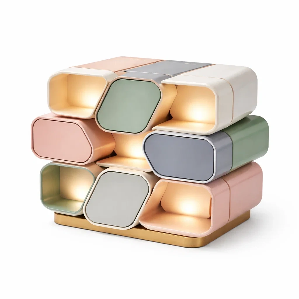 Multicolour Modular Wooden Bedside Cabinet with Open Storage and LED Light-homelign