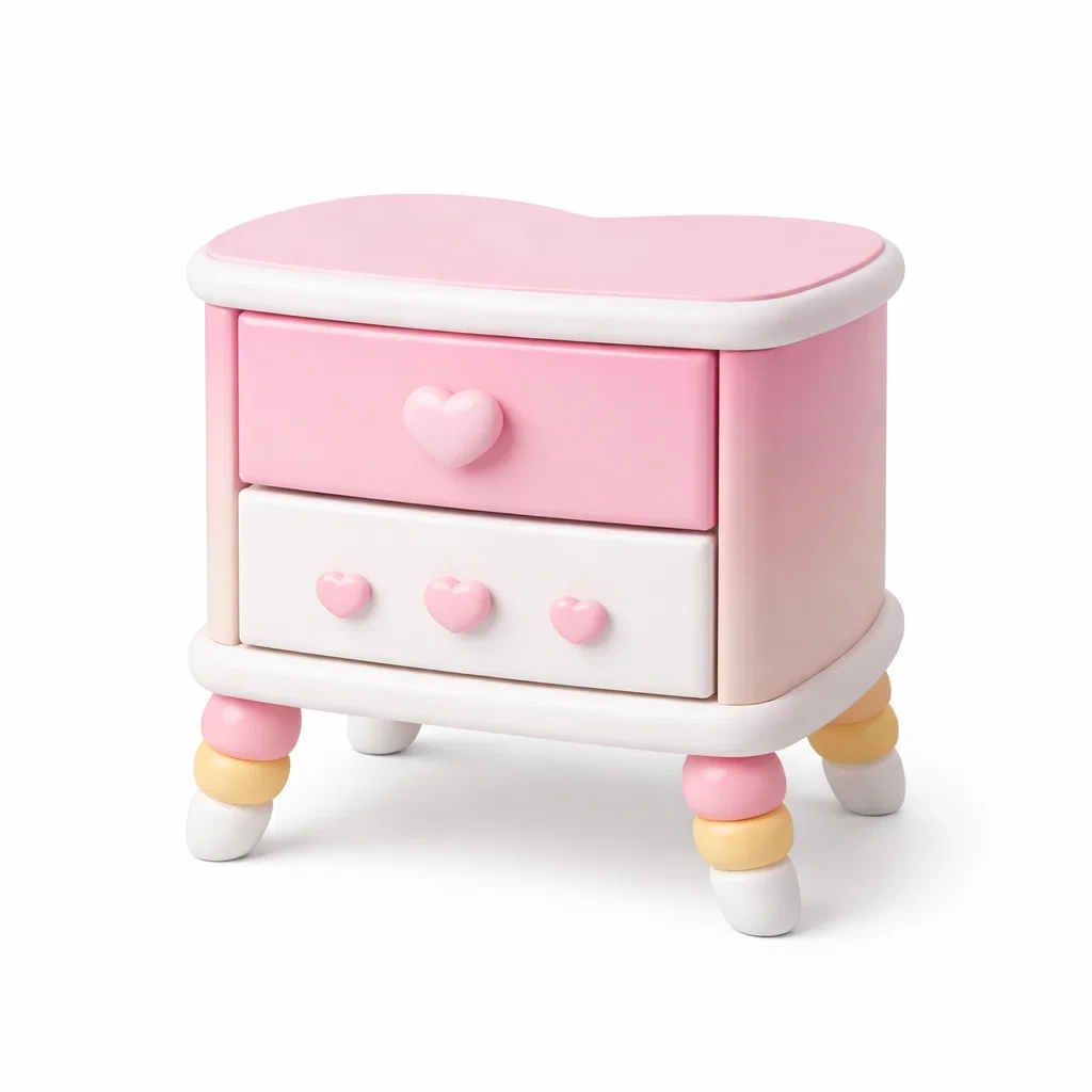 Pink and White Wooden Bedside Cabinet with Heart Detail Drawers-homelign