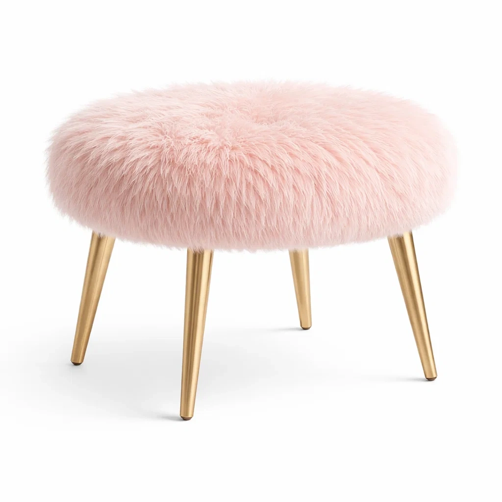 Pink Faux Fur Upholstered Footstool with Metal Legs-homelign