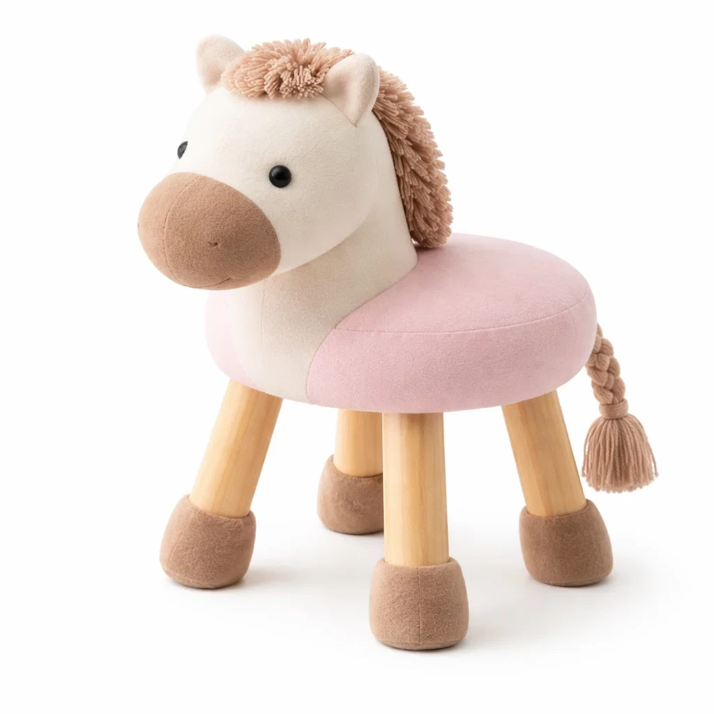 Pink Upholstered Horse Shaped Kids Stool with Wooden Legs-homelign