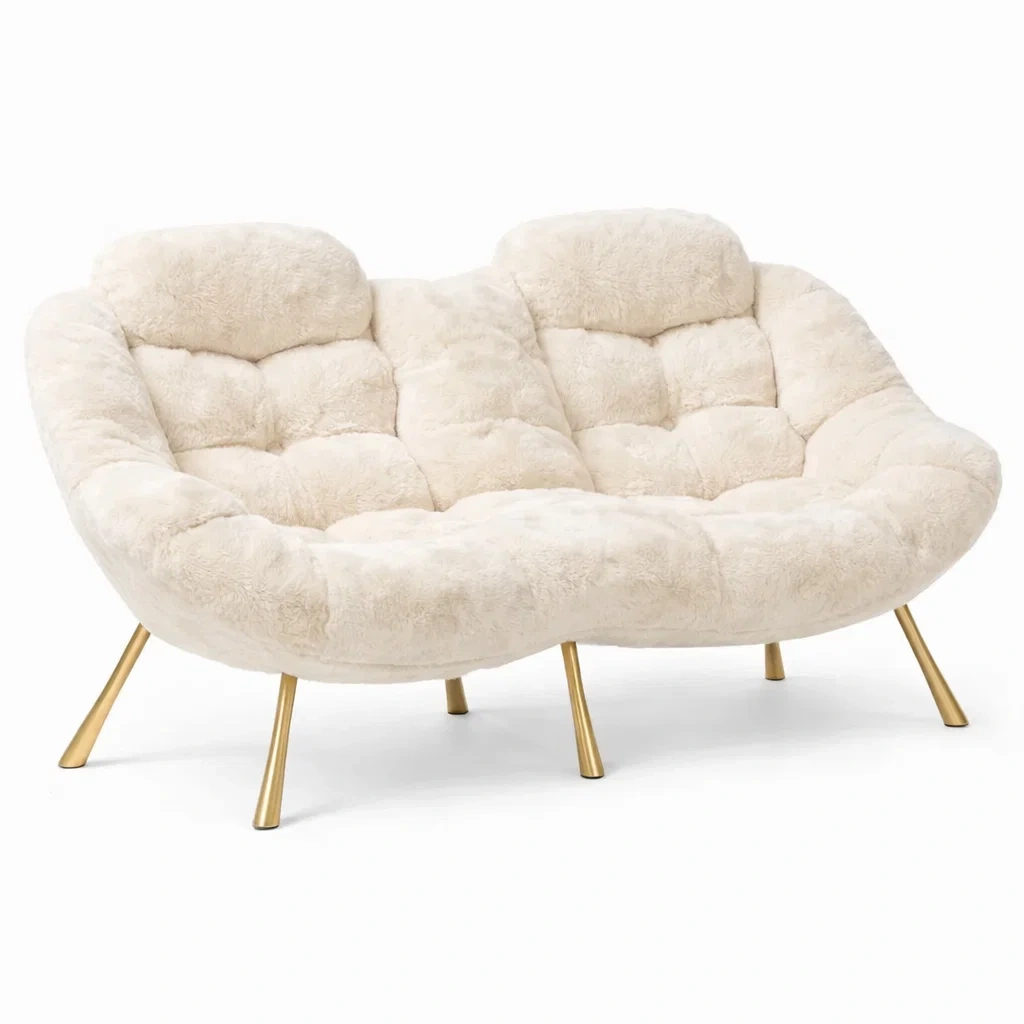 Cream Faux Fur Upholstered Two Seater Sofa with Metal Legs-homelign