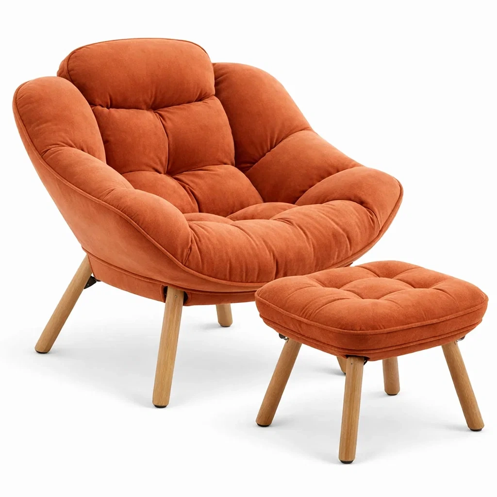 Orange Upholstered Lounge Chair with Footstool and Wooden Legs-homelign
