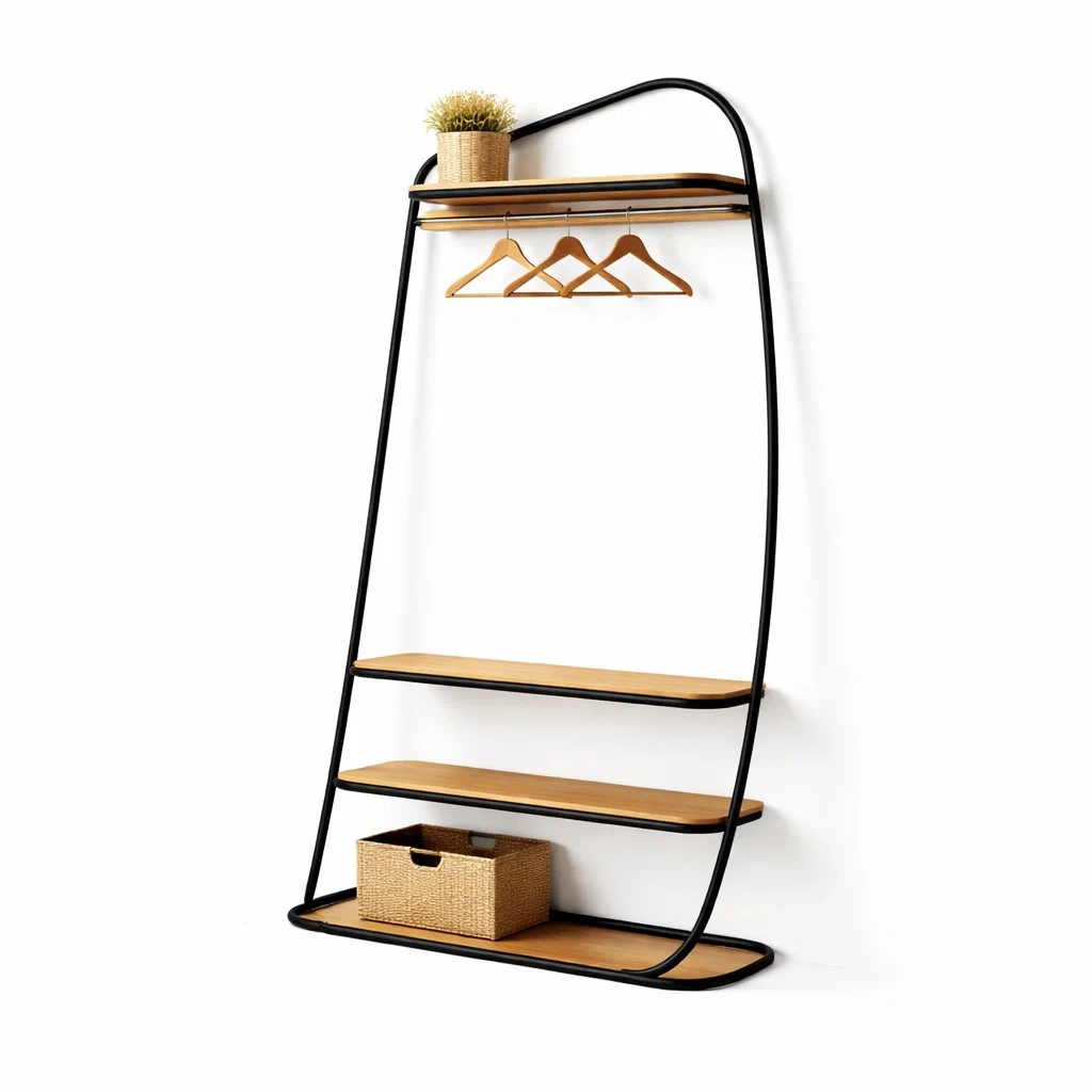 Black Metal Clothes Rack with Wooden Shelves and Hanging Rail-homelign