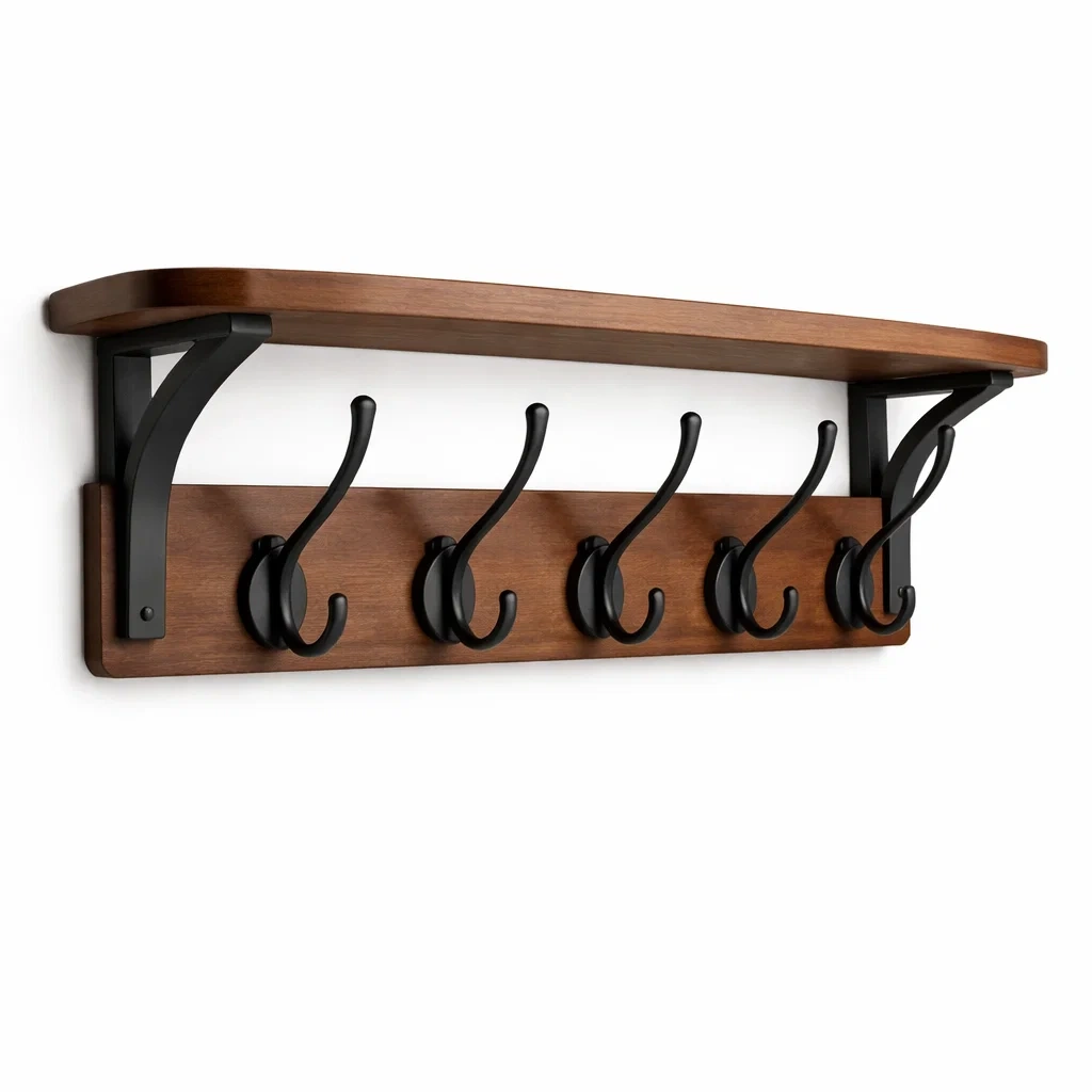 Wall Mounted Wooden Coat Rack with Shelf and Metal Hooks-homelign