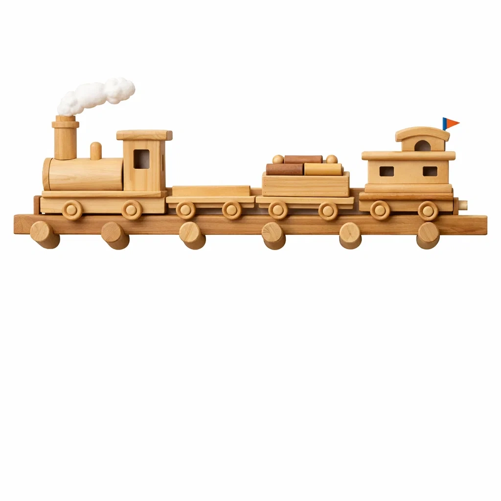 Wooden Train Shaped Wall Coat Rack with Multiple Hooks-homelign