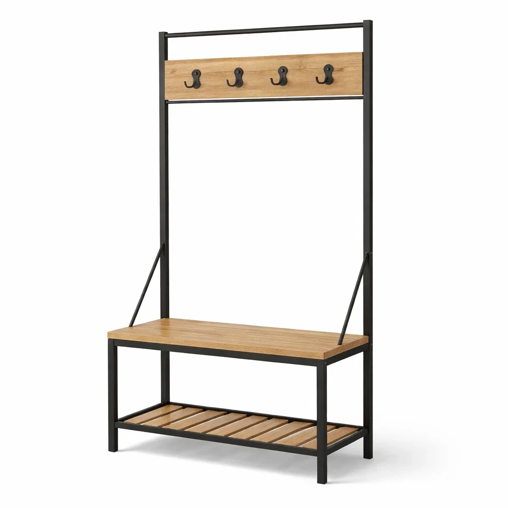 Black Metal Hallway Coat Rack with Bench, Hooks and Wooden Shelves-homelign