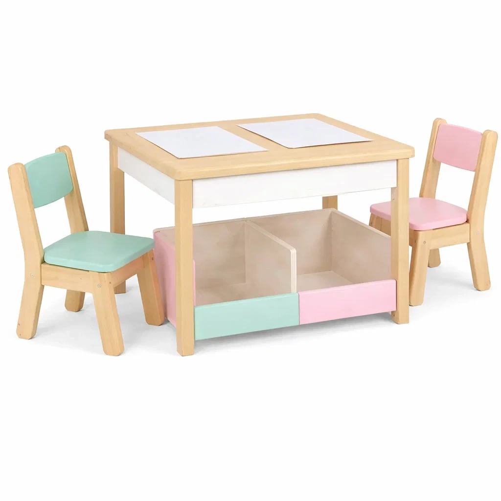 Wooden Kids Table and Two Chair Set with Storage Drawer-homelign