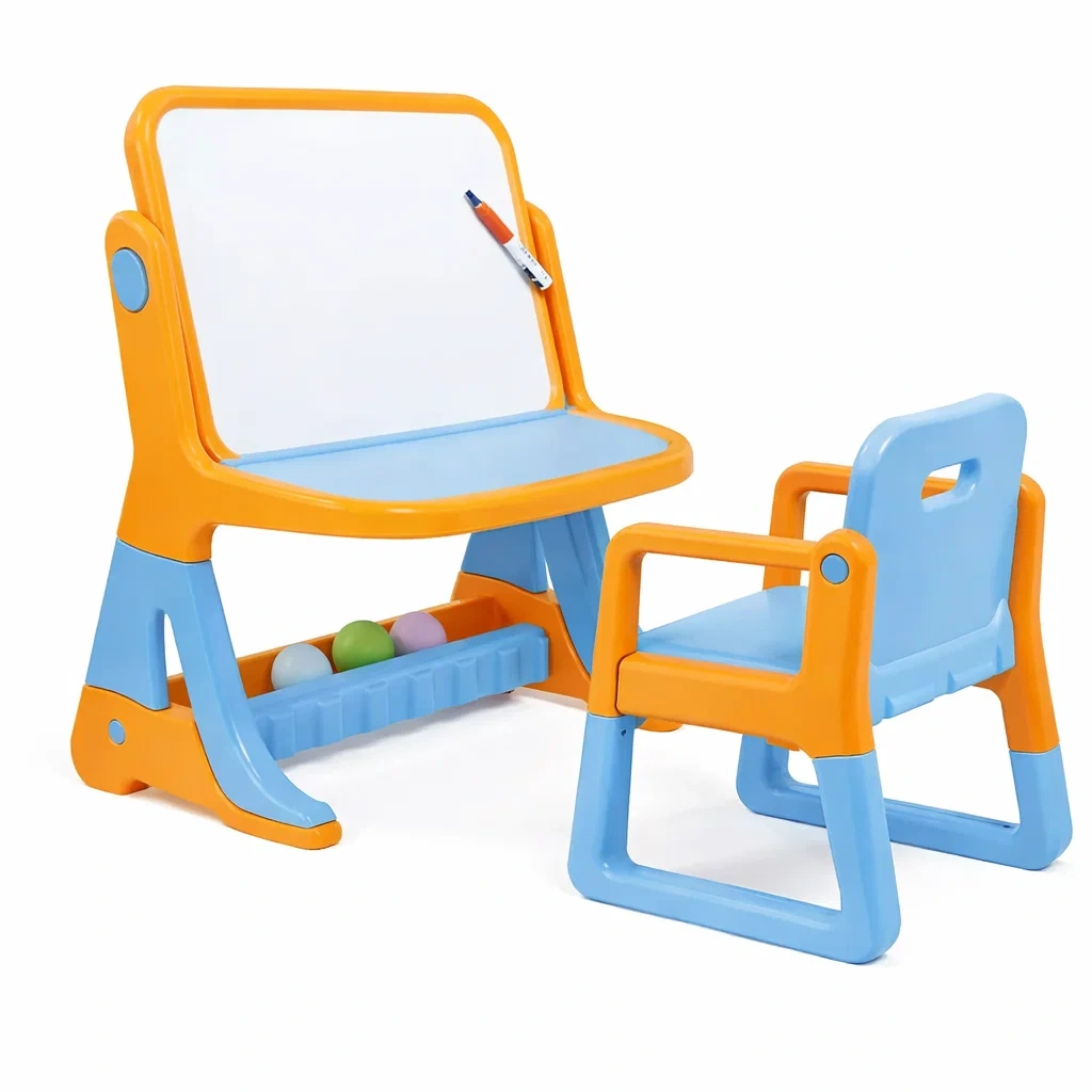 Kids Plastic Study Desk and Chair Set with Whiteboard-homelign
