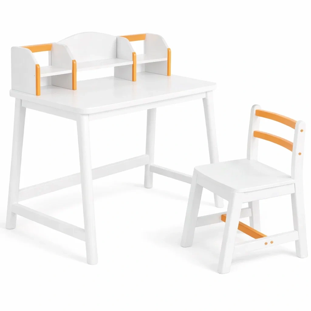 Kids Wooden Study Desk and Chair Set with Storage Shelves-homelign