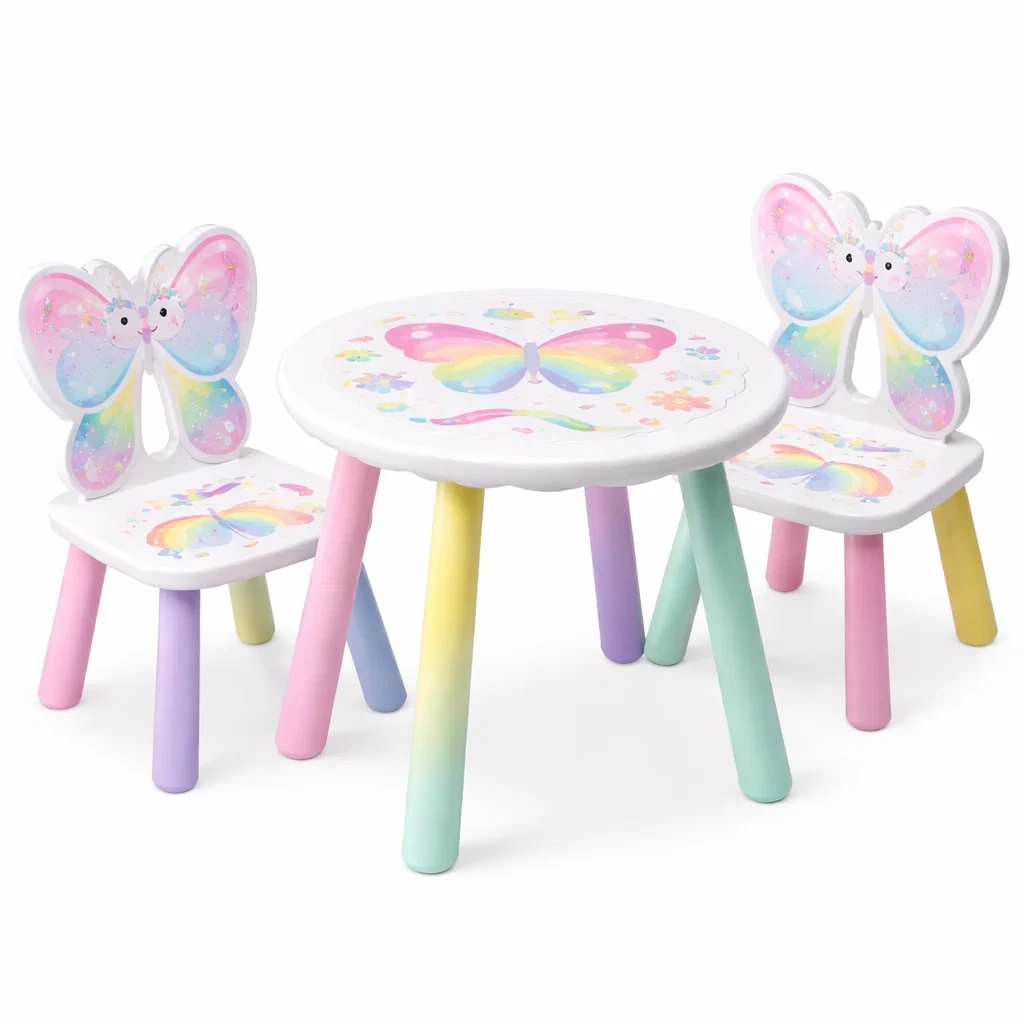 Kids Round Table and Chair Set with Butterfly Design-homelign