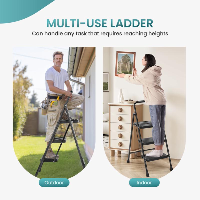 Step Ladder, Foldable Stool with Wide Pedal, Cushioned Handle, 800lbs Capacity for Home Kitchen and Outdoor, Black