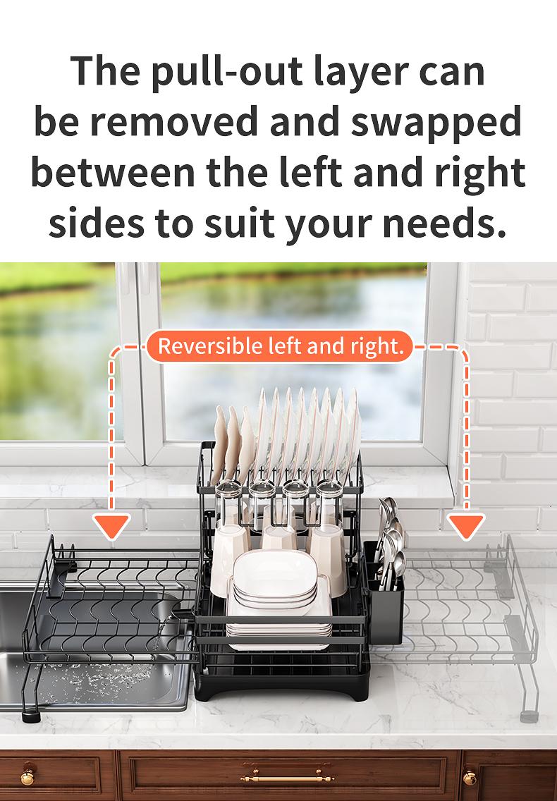 Foldable Over Sink Dish Drying Rack｜Pull-Out 2-Tier Dish Drainer with Utensil Holder｜Space Saving Kitchen Organizer for Small Kitchens