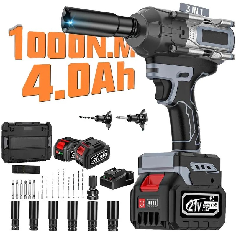 1000N.m Cordless Impact Wrench, All-Metal Cordless Impact Gun with 2 * 4.0Mah, 3-IN-1 Electric Impact Wrench with 5 Sleeves, High Torque 1/2 Impact Wrench,