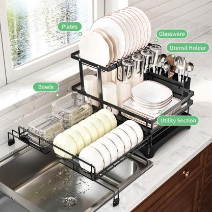 Foldable Over Sink Dish Drying Rack｜Pull-Out 2-Tier Dish Drainer with Utensil Holder｜Space Saving Kitchen Organizer for Small Kitchens