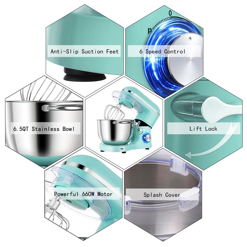 6.5QT Stand Mixer with Upgraded Motor | 6-Speed Tilt-Head Electric Food Mixer with Stainless Steel Bowl Dough Hook Whisk & Beater for Baking & Mixing Kitchen Appliances