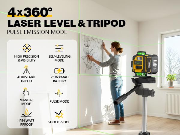 Alloyman Laser Level with Tripod, 4x360&deg; Self Leveling Laser Level, 16 Line-Green Line Laser 4D with 2Pcs Lithium Batteries for Picture Hanging, Tile, Home Renovation, Indoor Project, Great Gift Ideas for a Perfect Christmas and New Year