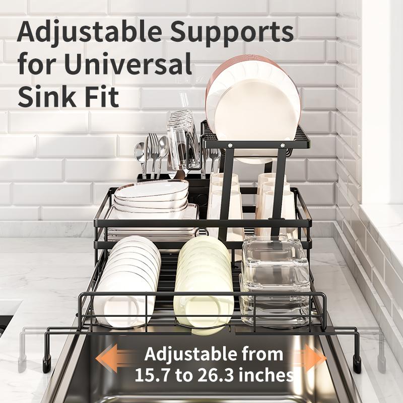 Foldable Over Sink Dish Drying Rack｜Pull-Out 2-Tier Dish Drainer with Utensil Holder｜Space Saving Kitchen Organizer for Small Kitchens