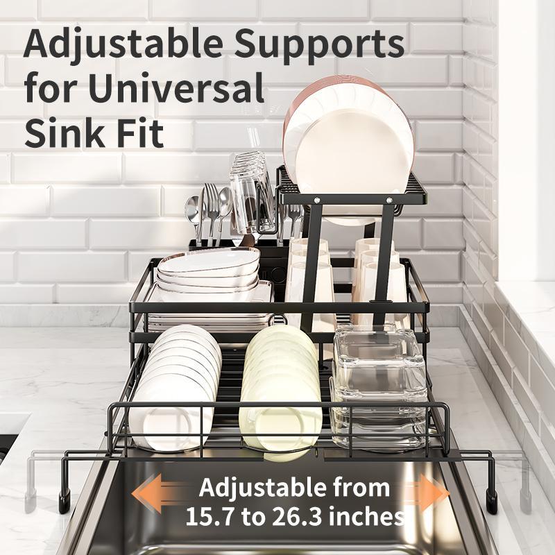 Foldable Over Sink Dish Drying Rack｜Pull-Out 2-Tier Dish Drainer with Utensil Holder｜Space Saving Kitchen Organizer for Small Kitchens