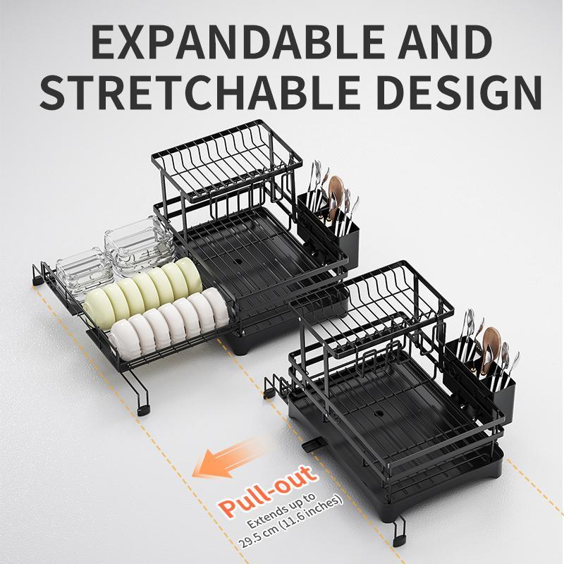 Foldable Over Sink Dish Drying Rack｜Pull-Out 2-Tier Dish Drainer with Utensil Holder｜Space Saving Kitchen Organizer for Small Kitchens