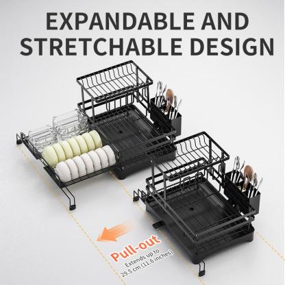 Foldable Over Sink Dish Drying Rack｜Pull-Out 2-Tier Dish Drainer with Utensil Holder｜Space Saving Kitchen Organizer for Small Kitchens