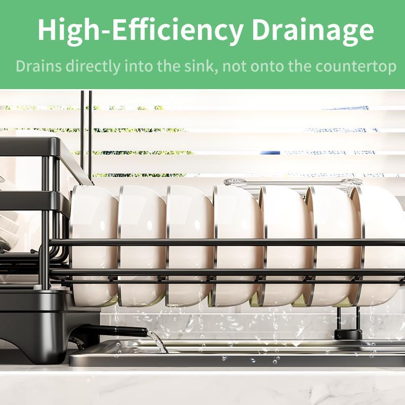 Foldable Over Sink Dish Drying Rack｜Pull-Out 2-Tier Dish Drainer with Utensil Holder｜Space Saving Kitchen Organizer for Small Kitchens